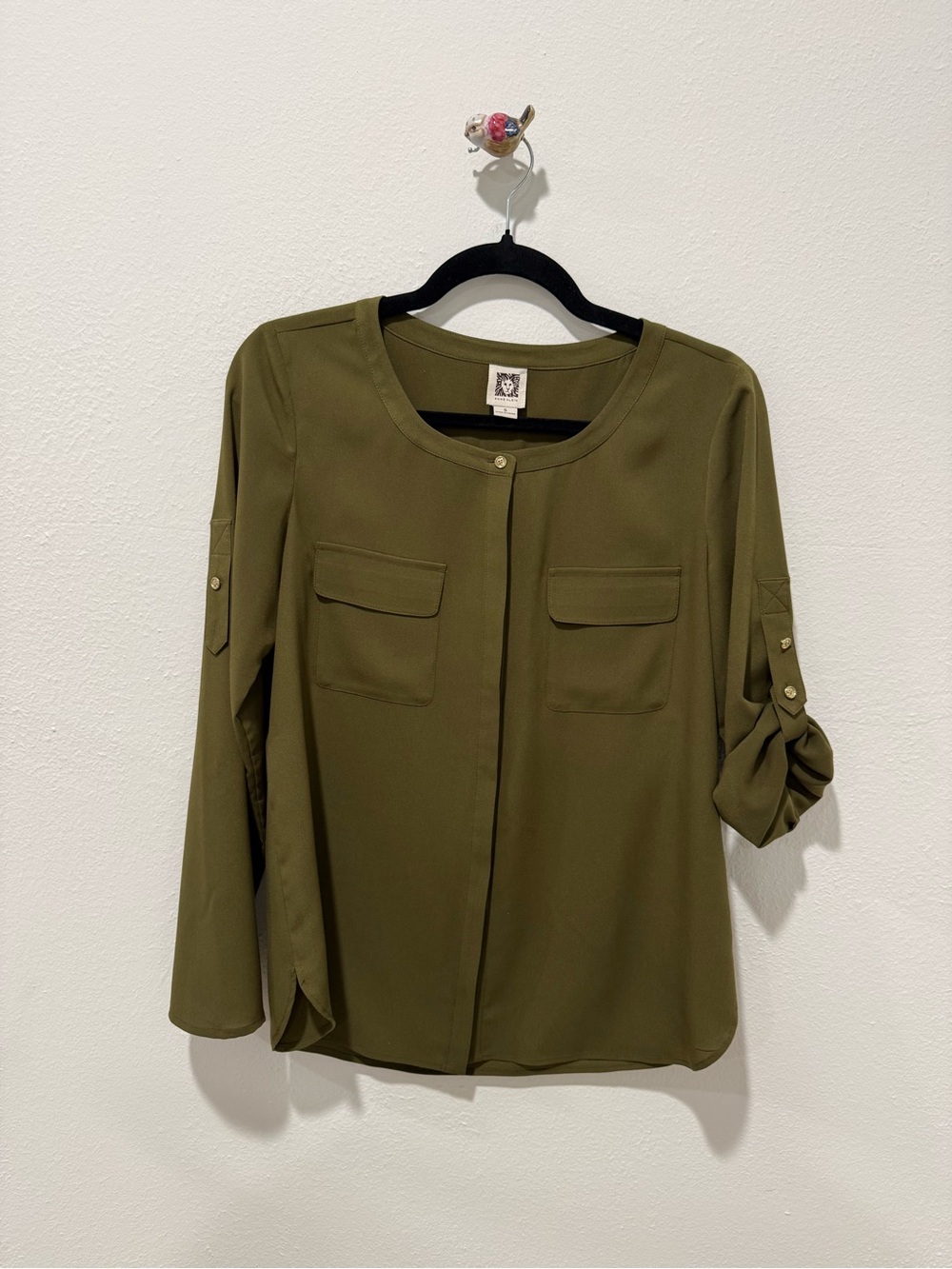 Anne Klein Olive Green Button-Neck Utility Blouse